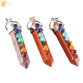 

CSJA 7 Chakra Natural Gem Stone Pendants Hexagon Pendulum Healing Point Reiki Bullet Lapis Lazuli Crystal New Women Jewelry E333