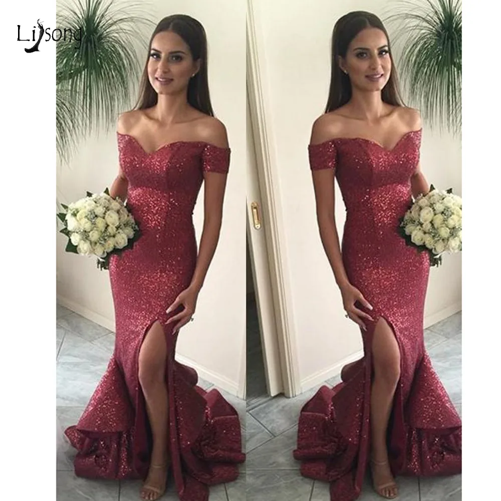Sexy Wine Red Sequined Long Mermaid Honor Of Bride Off The Shoulder Side Split Ruffles Long Bridesmaid Dress 2019 Prom Gowns
Sexy Wine Red Sequined Long Mermaid Honor Of Bride Off The Shoulder Side Split Ruffles Long Bridesmaid Dress 2019 Prom Gowns