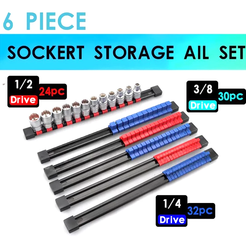 6pcs Socket Holder Mountable Sliding Socket Storage Rail Rack Holder Organizer 1/4 3/8 1/2
6pcs Socket Holder Mountable Sliding Socket Storage Rail Rack Holder Organizer 1/4 3/8 1/2