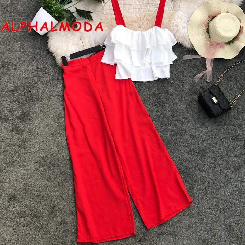 ALPHALMODA 2019 Summer Women's Sling Tops Trousers 2pcs Sets Ruffled Sling Tops + Wide-leg Pants Women's Casual Suits
ALPHALMODA 2019 Summer Women's Sling Tops Trousers 2pcs Sets Ruffled Sling Tops + Wide-leg Pants Women's Casual Suits