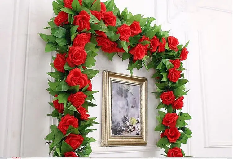 

1 Pcs 2.45M roses Silk Realistic Garland Green Leaf Iron Wire Artificial Flower Vine Rattan For Wedding Decor Foliage DIY Wreath