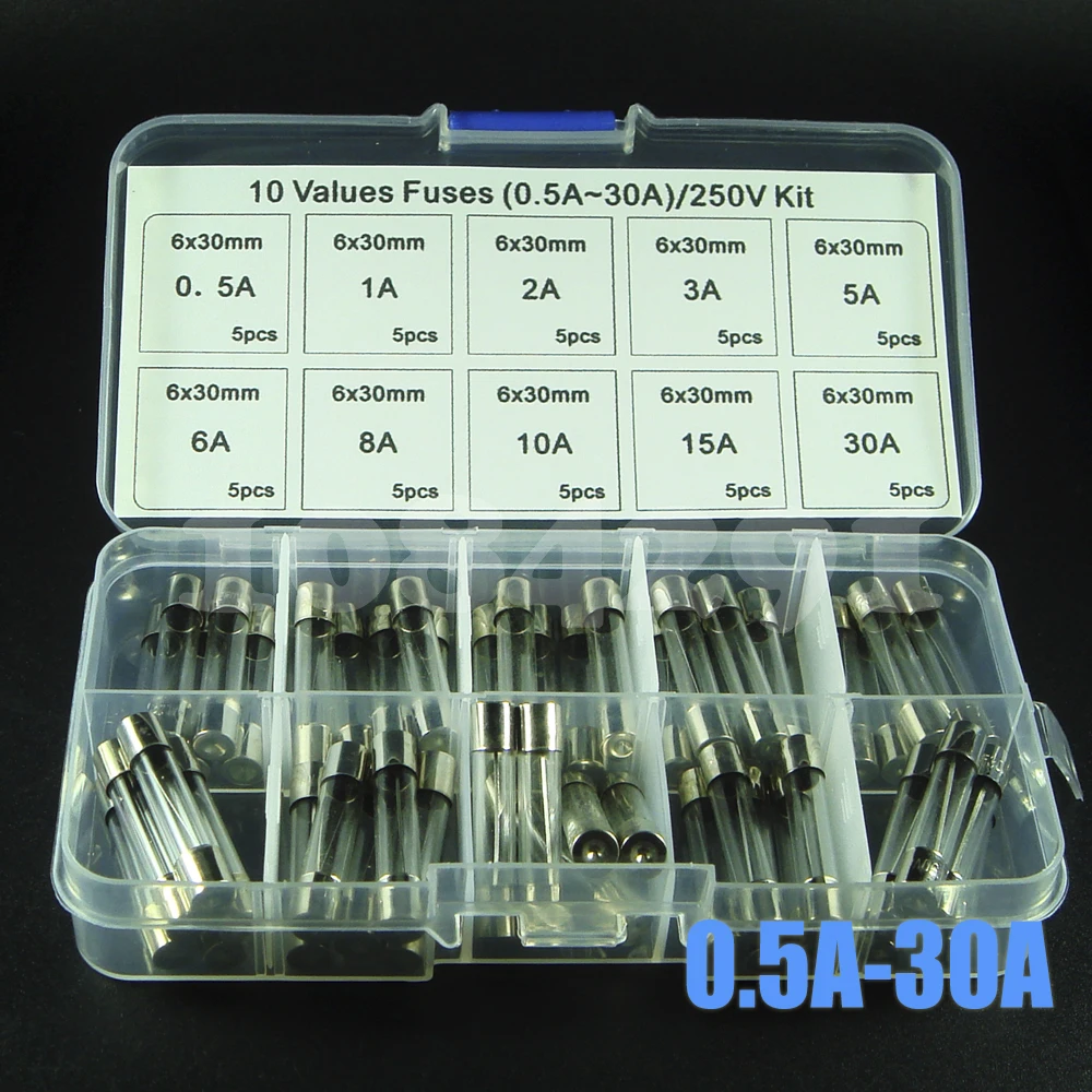 50pcs/set Fast Quick Blow Glass Tube Fuses Assortment Kit 6x30mm 0.5A 1A 2A 3A 5A 6A 8A 10A 15A 30A/250V+ Box
50pcs/set Fast Quick Blow Glass Tube Fuses Assortment Kit 6x30mm 0.5A 1A 2A 3A 5A 6A 8A 10A 15A 30A/250V+ Box