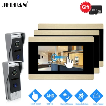 

JERUAN 720P AHD Motion Detection 7`` Touch Screen Video DoorPhone Intercom System 3 Record Monitor +2 HD 110 degree Camera 2V3