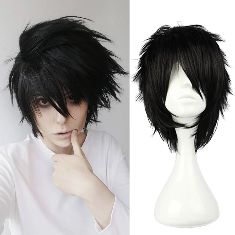 

Anime Death Note L Cos Wig Mens L.Lawliet Short Black Heat Resistant Hair Pelucas Cosplay Costume Wigs + Wig Cap
