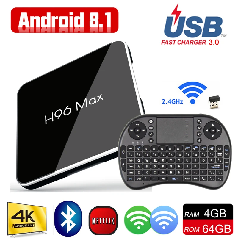 H96 MAX 4GB 64GB Smart TV BOX Android 8.1 Amlogic S905X2 Quad Core Bluetooth4.0 H.265 USB3.0 2.4G/5G WIFI 4K Smart Media Player
H96 MAX 4GB 64GB Smart TV BOX Android 8.1 Amlogic S905X2 Quad Core Bluetooth4.0 H.265 USB3.0 2.4G/5G WIFI 4K Smart Media Player