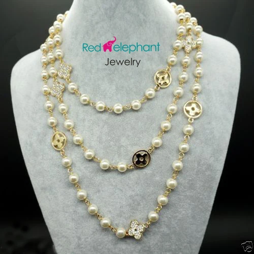 

Women Gift word Love shopping! 8MM White Akoya shell Pearl long Necklace with 18kgp crystal Four Leaf Clover