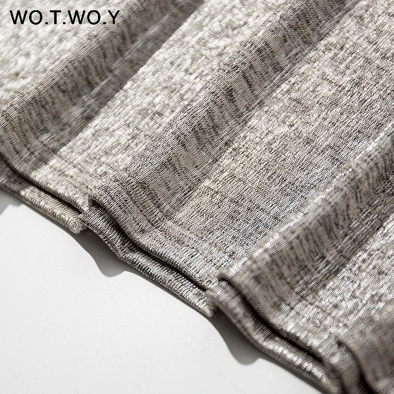 WOTWOY Silver Shiny Lurex Knitted T Shirts Women 2019 Summer Sexy Slim O-Neck Short Sleeve T shirt Woman Solid Tees Harajuku 23