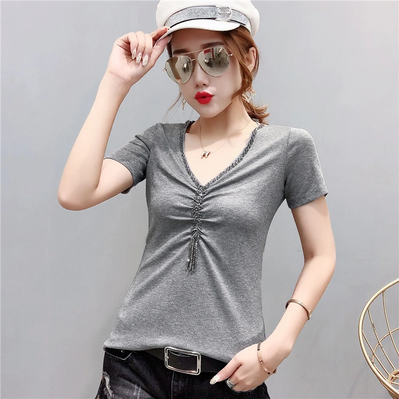 Korean Beading Elastic Tshirt 2019 New Summer Women Short Sleeve Casual Shirt Camiseta Mujer Black White Gray T95005L
Korean Beading Elastic Tshirt 2019 New Summer Women Short Sleeve Casual Shirt Camiseta Mujer Black White Gray T95005L