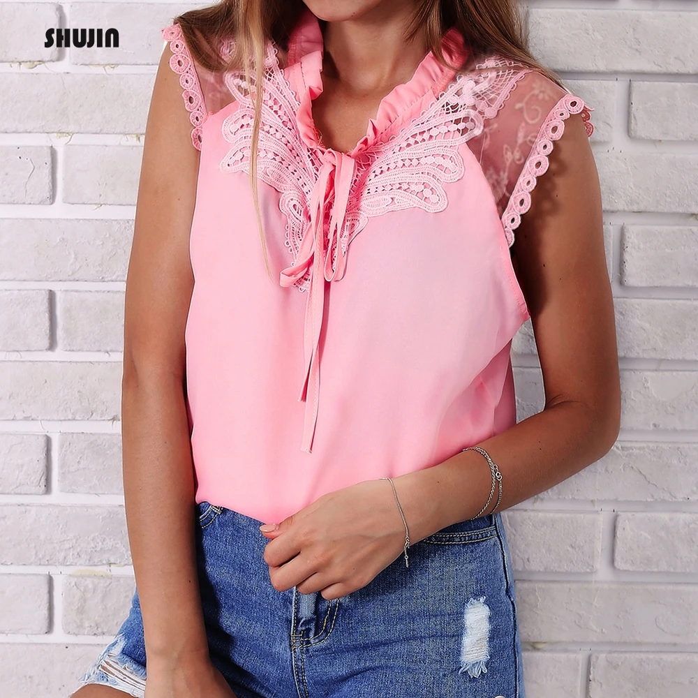 SHUJIN 2019 Women's Summer Sleeveless Stand Collar Chiffon T Shirt Casual Loose Mujer Mesh Solid Tee Lace Neckline Tie Vest Tops
SHUJIN 2019 Women's Summer Sleeveless Stand Collar Chiffon T Shirt Casual Loose Mujer Mesh Solid Tee Lace Neckline Tie Vest Tops