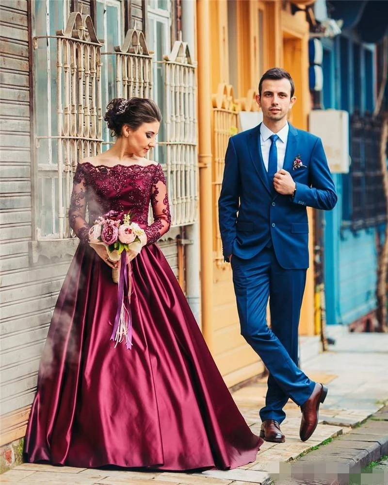 Burgundy Long Sleeves Satin Dubai Prom Dresses 2019 Off the Shoulder Beaded Lace Wine Red Gowns Formal Evening Party Dress | Свадьбы и