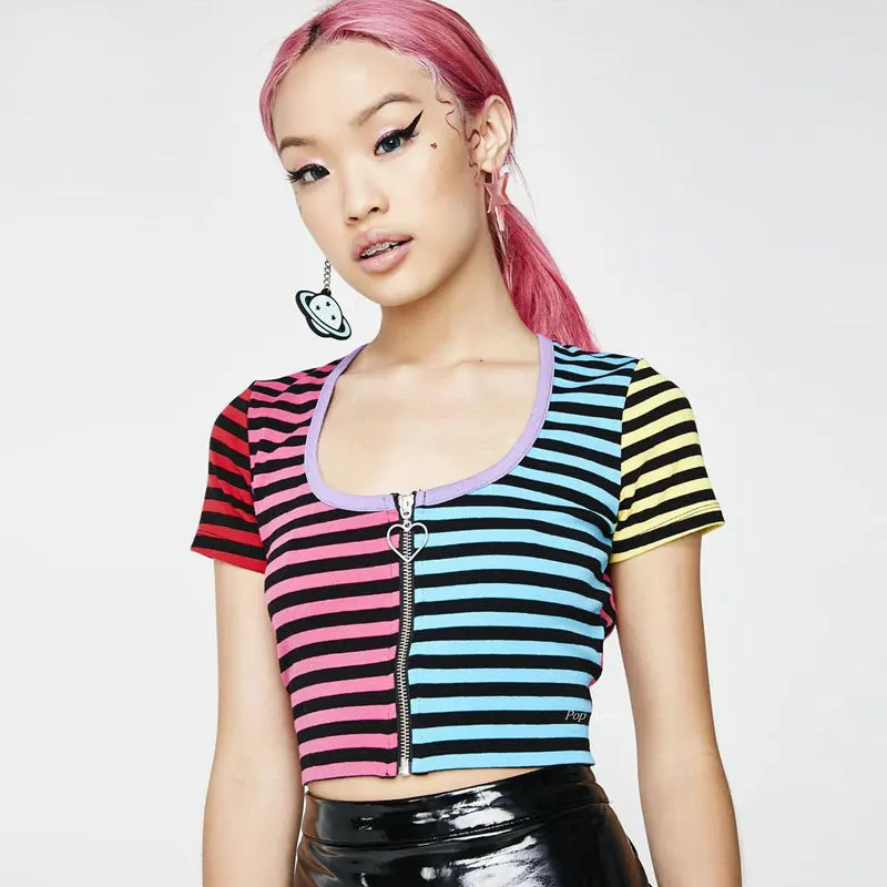 2019 New Crop Top T Shirt Women Summer Short Sleeve Rainbow Striped Heart Zipper Cropped T-Shirt Femme Fitness Tee Shirt 10
2019 New Crop Top T Shirt Women Summer Short Sleeve Rainbow Striped Heart Zipper Cropped T-Shirt Femme Fitness Tee Shirt 10