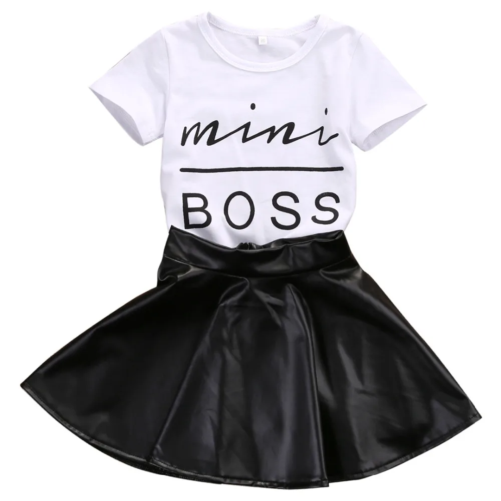 2017 Fashion Toddler Kids Girl Clothes Set Summer Short Sleeve Mini Boss T-shirt Tops + Leather Skirt 2PCS Outfit Child Suit
2017 Fashion Toddler Kids Girl Clothes Set Summer Short Sleeve Mini Boss T-shirt Tops + Leather Skirt 2PCS Outfit Child Suit