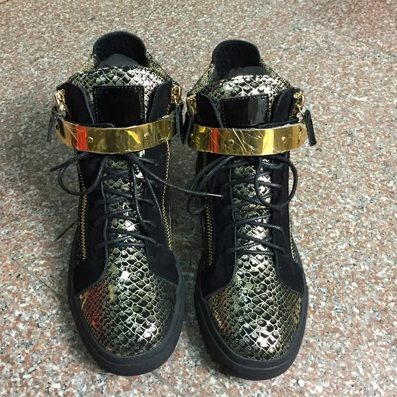 2016 new double zip full grain casual shoes for man,high shoes lace-up,python pattern for 4 seasons