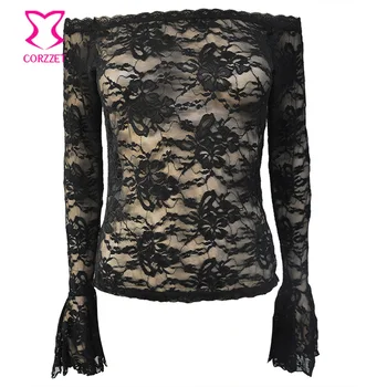 Black Transparent Floral Lace Flare Sleeve Off The Shoulder Slash Neck Black Blouse Burlesque Victorian Corset Accessories
Black Transparent Floral Lace Flare Sleeve Off The Shoulder Slash Neck Black Blouse Burlesque Victorian Corset Accessories