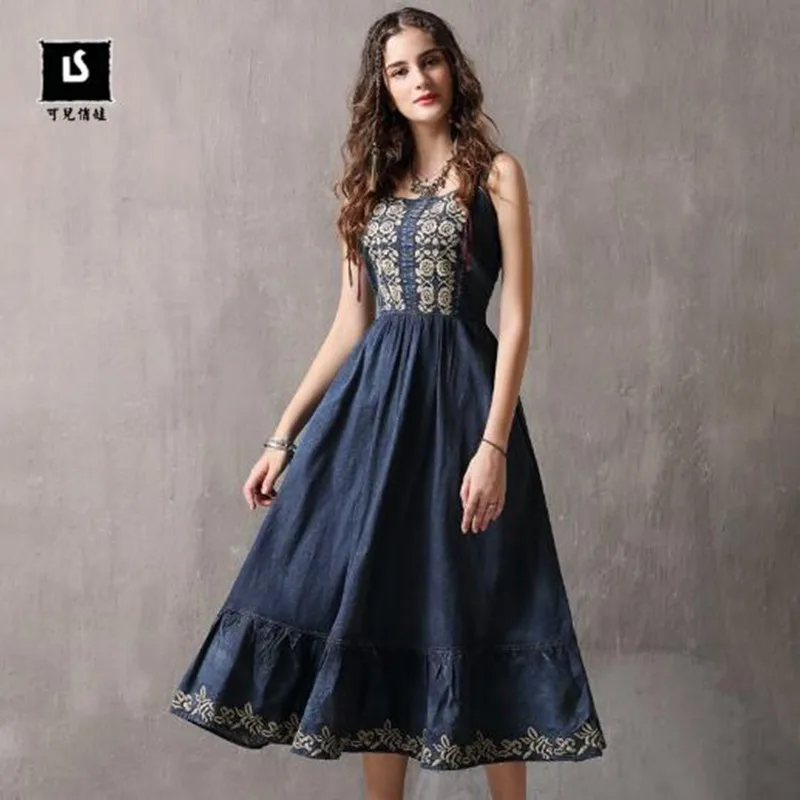 Brand Women's 2019 Summer New Embroidered Denim Dress Retro Waist Strap Big Swing Dress Summer Ladies Cotton Dress
Brand Women's 2019 Summer New Embroidered Denim Dress Retro Waist Strap Big Swing Dress Summer Ladies Cotton Dress
