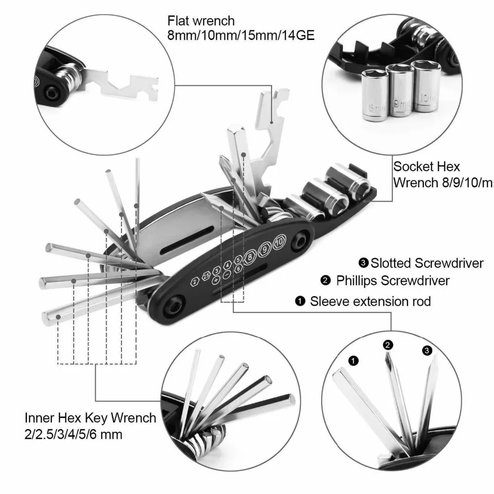 16 In 1 Bike Tools Bicycle Repairing Set Bike Repair Tool Kit Wrench Screwdriver Chain Carbon steel bicycle Multifunction Tool
16 In 1 Bike Tools Bicycle Repairing Set Bike Repair Tool Kit Wrench Screwdriver Chain Carbon steel bicycle Multifunction Tool