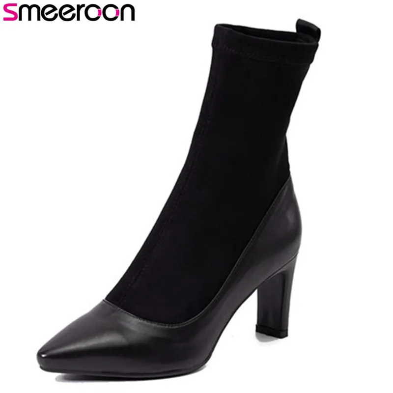Smeeroon stretch fabric+cow genuine leather high heels autumn winter boots slip on ankle boots for women pointed toe women boots
Smeeroon stretch fabric+cow genuine leather high heels autumn winter boots slip on ankle boots for women pointed toe women boots