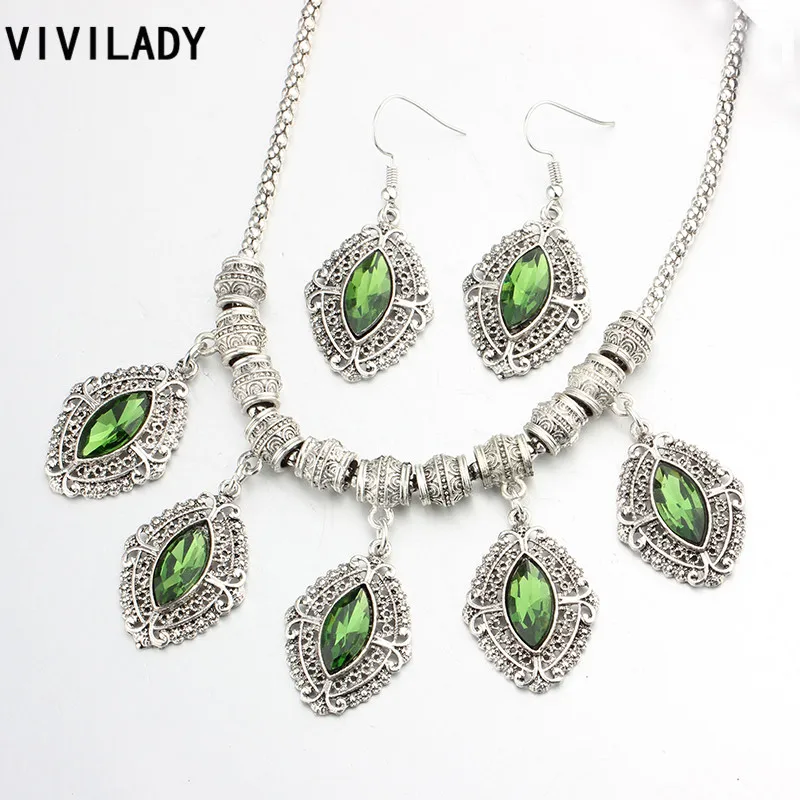 

VIVILADY Fashion Retro Silver Color Boho Oval Austrian Crystal Jewelry Sets Necklaces Earrings Women Femme Bijoux Wedding Gifts