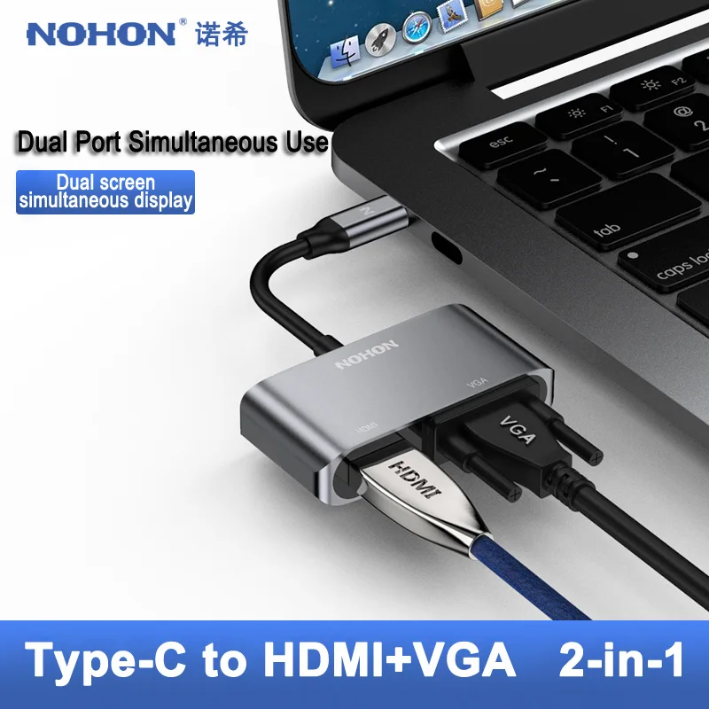NOHON 2 IN 1 USB-C HUB Type C To HDMI VGA HUB Adapter For MacBook Laptop Huawei P20 Mate10 Pro Samsung S9 Note9 USB-C Converter
NOHON 2 IN 1 USB-C HUB Type C To HDMI VGA HUB Adapter For MacBook Laptop Huawei P20 Mate10 Pro Samsung S9 Note9 USB-C Converter