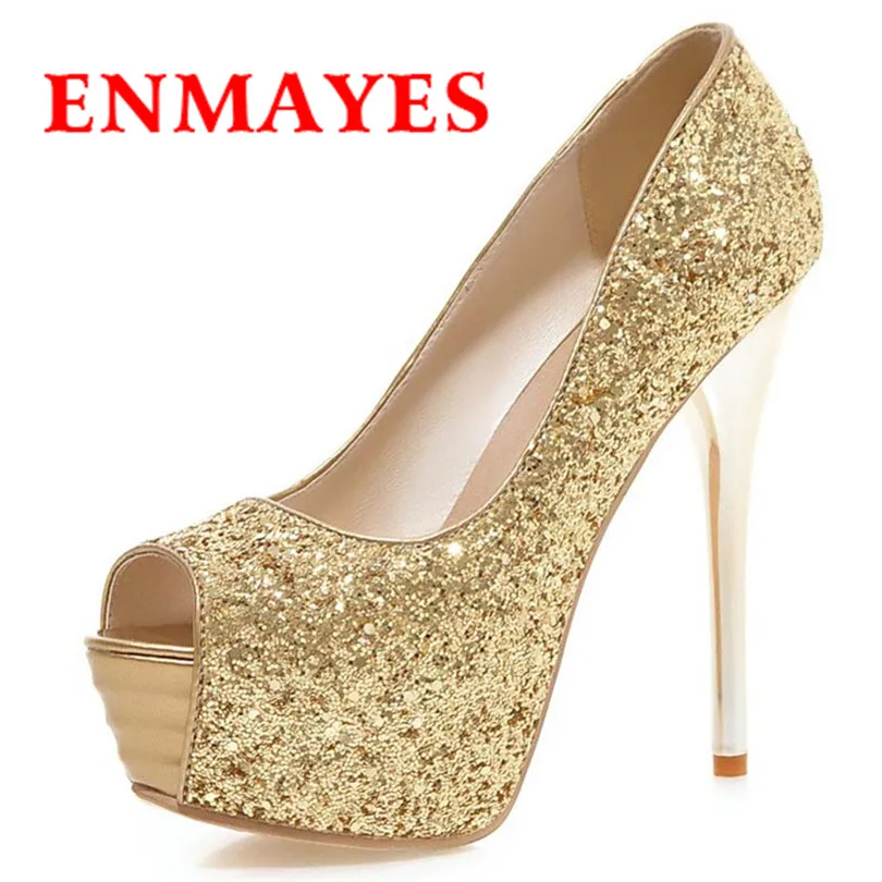 ENMAYES Новый Большой Размер 34-43 Женщины Насосы Мода Sexy Высокие Каблуки Peep Toe