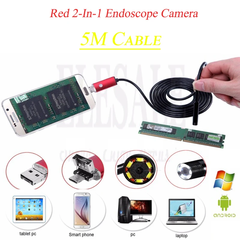 

5M Red 2-In-1 New Endoscope Camera Connector Android Borescope Inspection Camera For Car Repairing Pipe Examine Windows PC