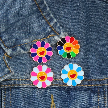 

4 Colors Kpop Flowers Broche Fashion Rainbow Flower Enamel Pins Smiling Sunflower Brooches Cute Bag Icon Badges Men Women Gifts