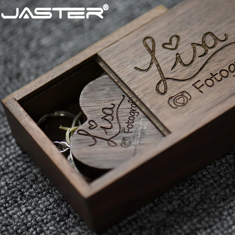 

JASTER (over 10 PCS free LOGO) walnut wooden heart + gift box USB flash drive creative pendrive 8GB 16GB 32GB 64GB memory stick