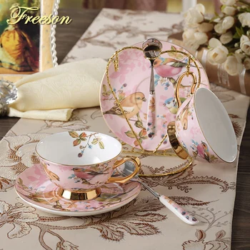 

Pastoral Bird Bone China Tea Cup Saucer Spoon Set Europe Porcelain Coffee Cup 200ml Mug Tray Cafe Tumbler Party Drinkware