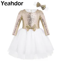Infant Baby Girls Princess Dress Mesh Sequined Long Sleeves Dress Kids Dress Flower Girl Dresses for Wedding Party with Headband(China)