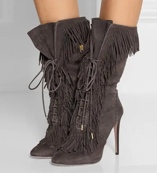 Womens Boots Ankle Grey Color Lace up Fringed Mid-calf Boots Pointed Toe Zipper High Heels Tassels Boot Women Autumn Winter Boot
Womens Boots Ankle Grey Color Lace up Fringed Mid-calf Boots Pointed Toe Zipper High Heels Tassels Boot Women Autumn Winter Boot
