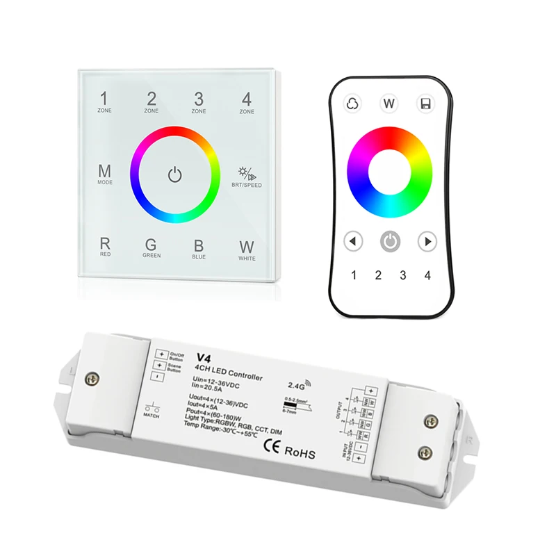 

New Led Strip RGBW Controller 4 Zones 2.4GHz RF Wireless Control AC 100V -240V Touch Panel 12V 5A 4 Channel Receiver R8 Remote