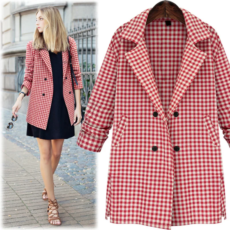 Women Blazer Autumn Fashion Red Plaid Double Breasted Long Casual