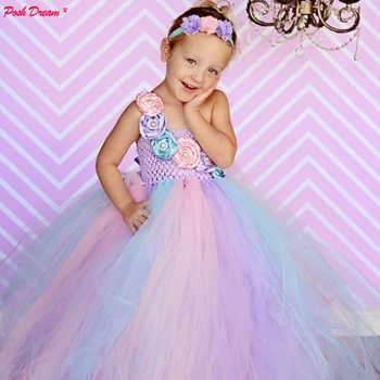 

POSH Dream Pink Blue Flower Kids Girls Birthday Party Dresses Pastel Couture Wedding Flower Girl Tutu Dress Kids Girls Clothes