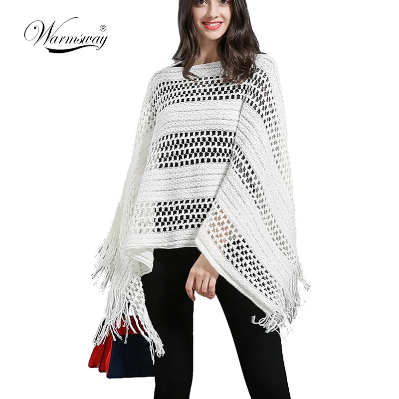 Fall Winter Hollow out Sequined Ponchos and cape Tassel Lurex Knitted Loose Pullover Poncho feminino inverno Echarpe femme C-148