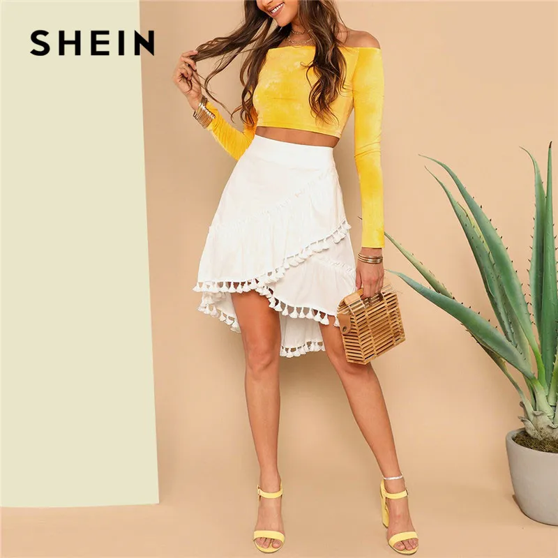 

SHEIN White Casual Wide Waist Tassel Hem Detail Mid Waist Solid Skirt Women Asymmetrical Wrap A-Line Beach Midi Skirts