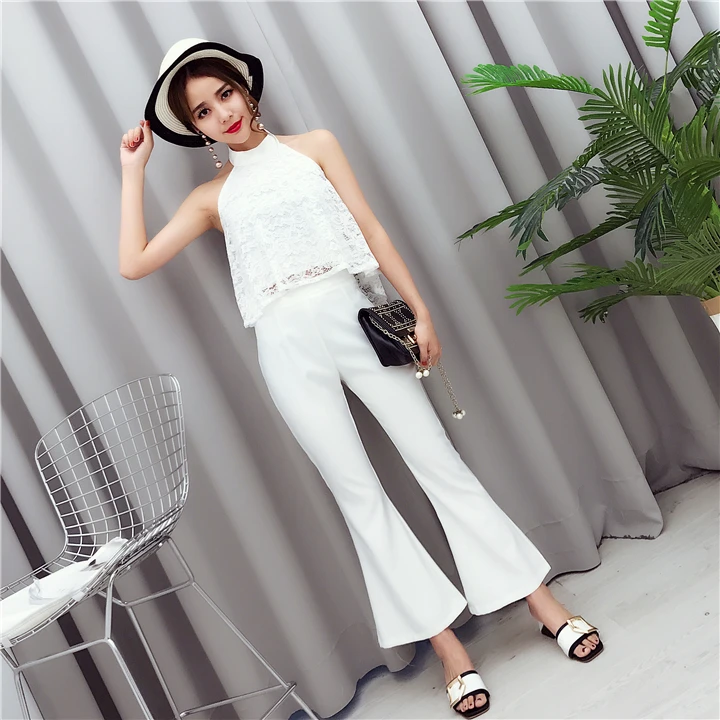 Sexy Women Lace Halter Shirts+Long Pants Sets Backless Sleeveless Solid Tops Flared Trousers Set Woman Casual Clothing Suits
Sexy Women Lace Halter Shirts+Long Pants Sets Backless Sleeveless Solid Tops Flared Trousers Set Woman Casual Clothing Suits