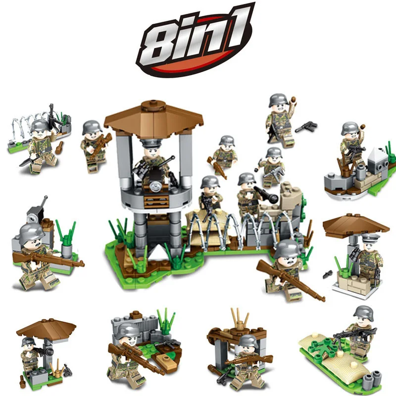 8pcs Block WW2 Military toys Iron front 8-1 defense tower Soldiers Weapons Armed forces Building Blocks brick for Children
8pcs Block WW2 Military toys Iron front 8-1 defense tower Soldiers Weapons Armed forces Building Blocks brick for Children