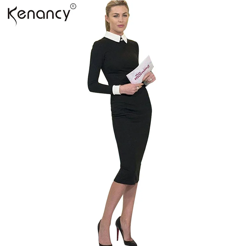 

Kenancy Party Work Sheath White Chic Neck Black Dress Women Good Elastic Midi Turn Down Collar Full Sleeve Vestidos