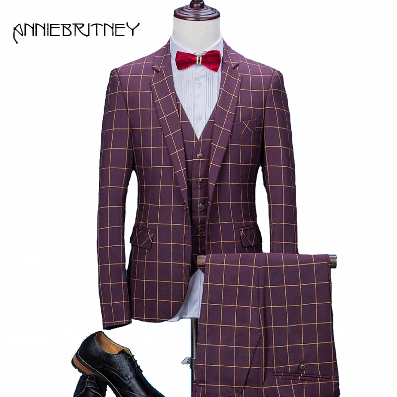 Wine Red Grid Stripe Men Suits 2018 Wedding Suits Slim Fit Groom Tuxedo Men Blazer 3 Piece Terno Masculino Jacket+Pants+Vest
Wine Red Grid Stripe Men Suits 2018 Wedding Suits Slim Fit Groom Tuxedo Men Blazer 3 Piece Terno Masculino Jacket+Pants+Vest