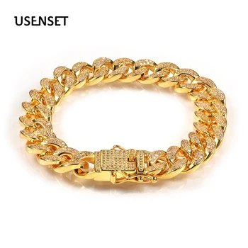 

USENSET Luxury Simulated Fashion Bracelets &men's Bangles High Quality Gold color Iced Out Miami Cuban Bracelet Hip Hop