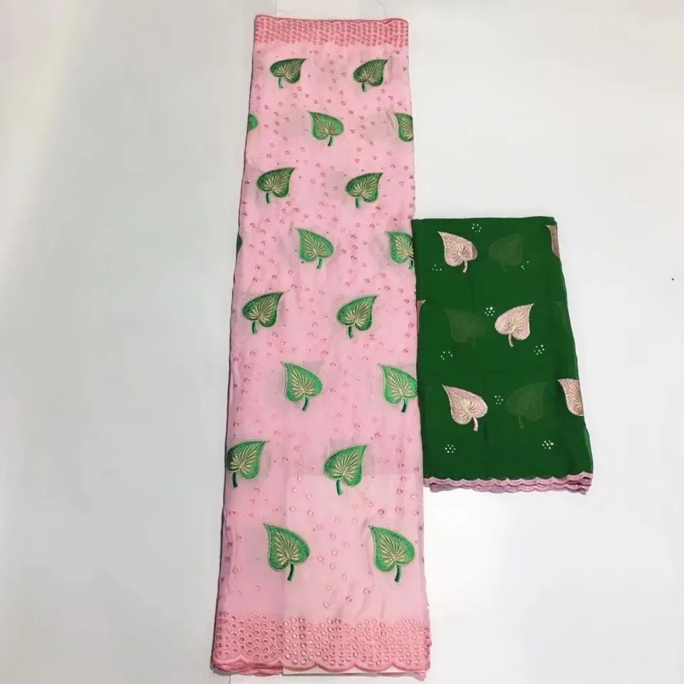 

5Yards Beautiful pink african cotton fabric with leaves style embroidery and 2Yards green french net lace set for dress HS19-3