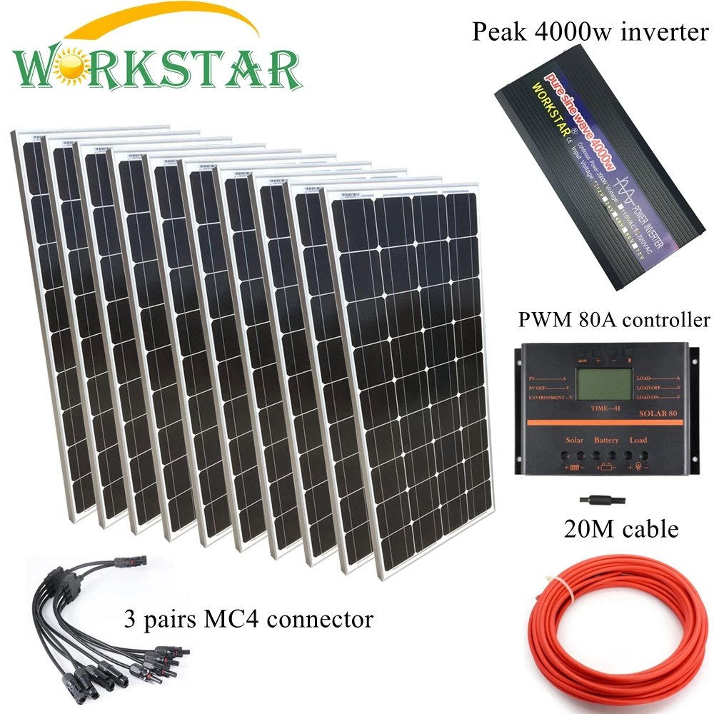 

10*100W Glass Solar Panels with 80A Controller and 4000W Inverter Complete 1000W Off Grid solar System Kit 20 Years Lifetime