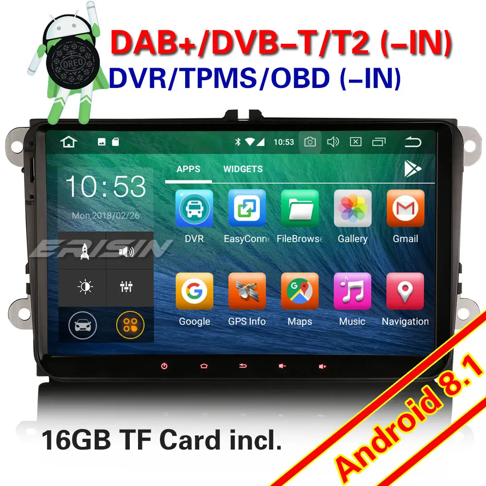 Erisin ES3818V 9 inch Android 8.1 Quad core car dvd player PX30 DAB OBD WIFI 3G for Golf 5 (09/2003 to 2013)
Erisin ES3818V 9 inch Android 8.1 Quad core car dvd player PX30 DAB OBD WIFI 3G for Golf 5 (09/2003 to 2013)