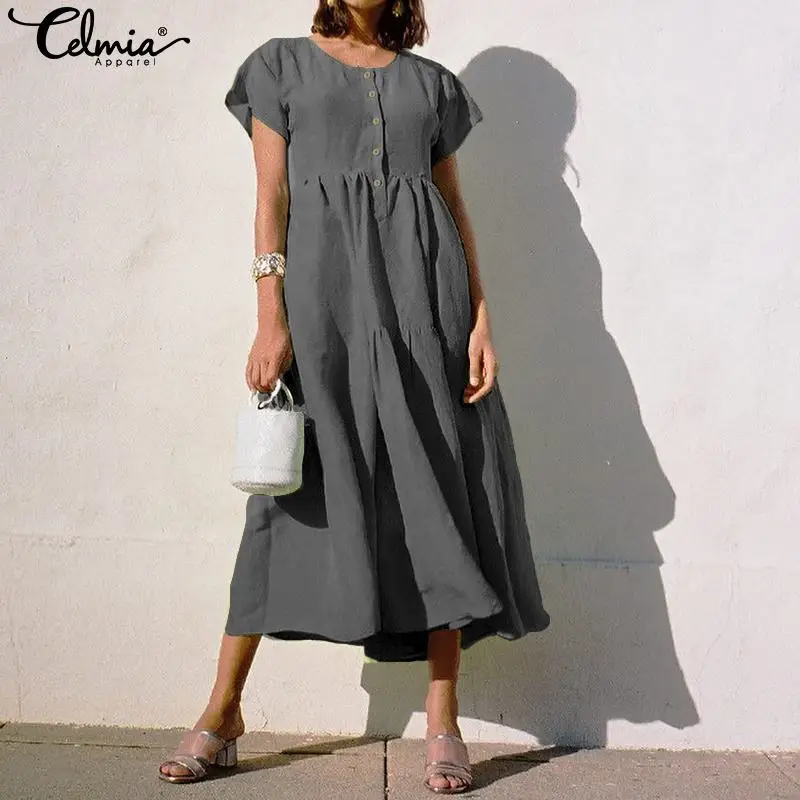 Plus Size Sundress Celmia 2019 Summer Women Vintage Pleated Mid-calf Dress Casual Buttons Loose Robe Party Shirt Vestidos Mujer
Plus Size Sundress Celmia 2019 Summer Women Vintage Pleated Mid-calf Dress Casual Buttons Loose Robe Party Shirt Vestidos Mujer