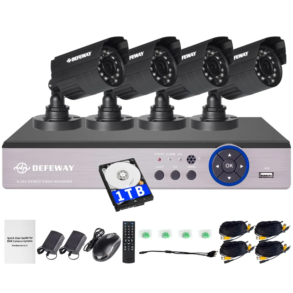 

DEFEWAY 1200TVL 720P HD Outdoor Security Camera System 1TB Hard Drive 4CH 1080N DVR CCTV Surveillance Kit AHD Camera Set