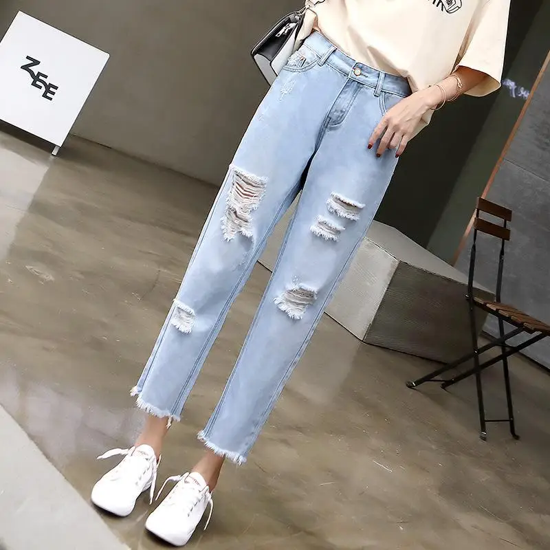 New Light Bule Summer Holes Ripped Harem Jeans For Women Slim Ankle Length Straight Denim Pants Bottom Burr No Stretch
New Light Bule Summer Holes Ripped Harem Jeans For Women Slim Ankle Length Straight Denim Pants Bottom Burr No Stretch