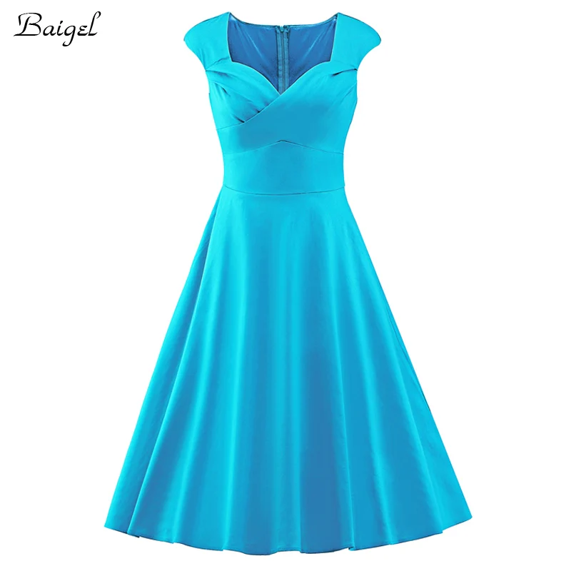 Womens Sexy V-Neck Summer Vintage Dress 50s 60s Retro Pinup Rockabilly Swing Blue Ball Gown Wedding Party Dresses (3)
