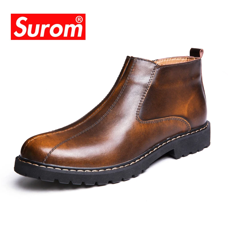SUROM Brand Leather Male Martin Boots Fashion Casual Men Shoes Spring Autumn Comfortable Sapato Masculino Men Boots
