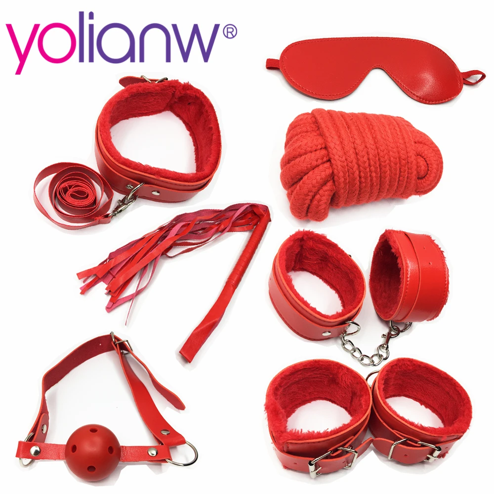 yolianw Sexy 7 Pcs/Set Kit Fetish Sex Bondage Sex Toys for Couples, Nipple Clamps Foot Handcuff Ball Gag Whip Collar Eye mask 1