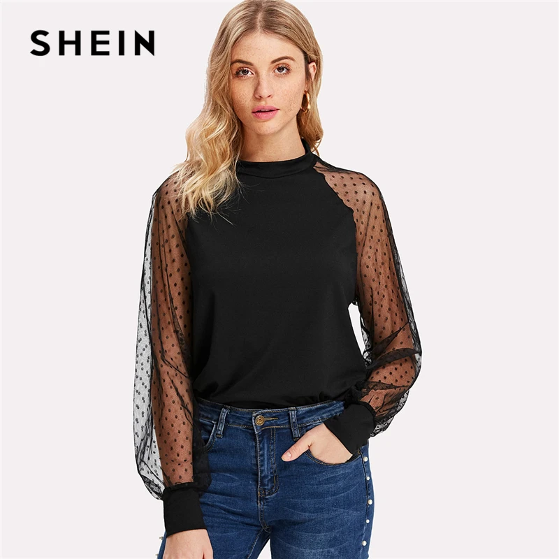 

SHEIN Polka Dot Mesh Bishop Sleeve Top 2018 Spring Fall Raglan Sleeve Stand Collar Blouse Long Sleeve Regular Fit Casual Tops